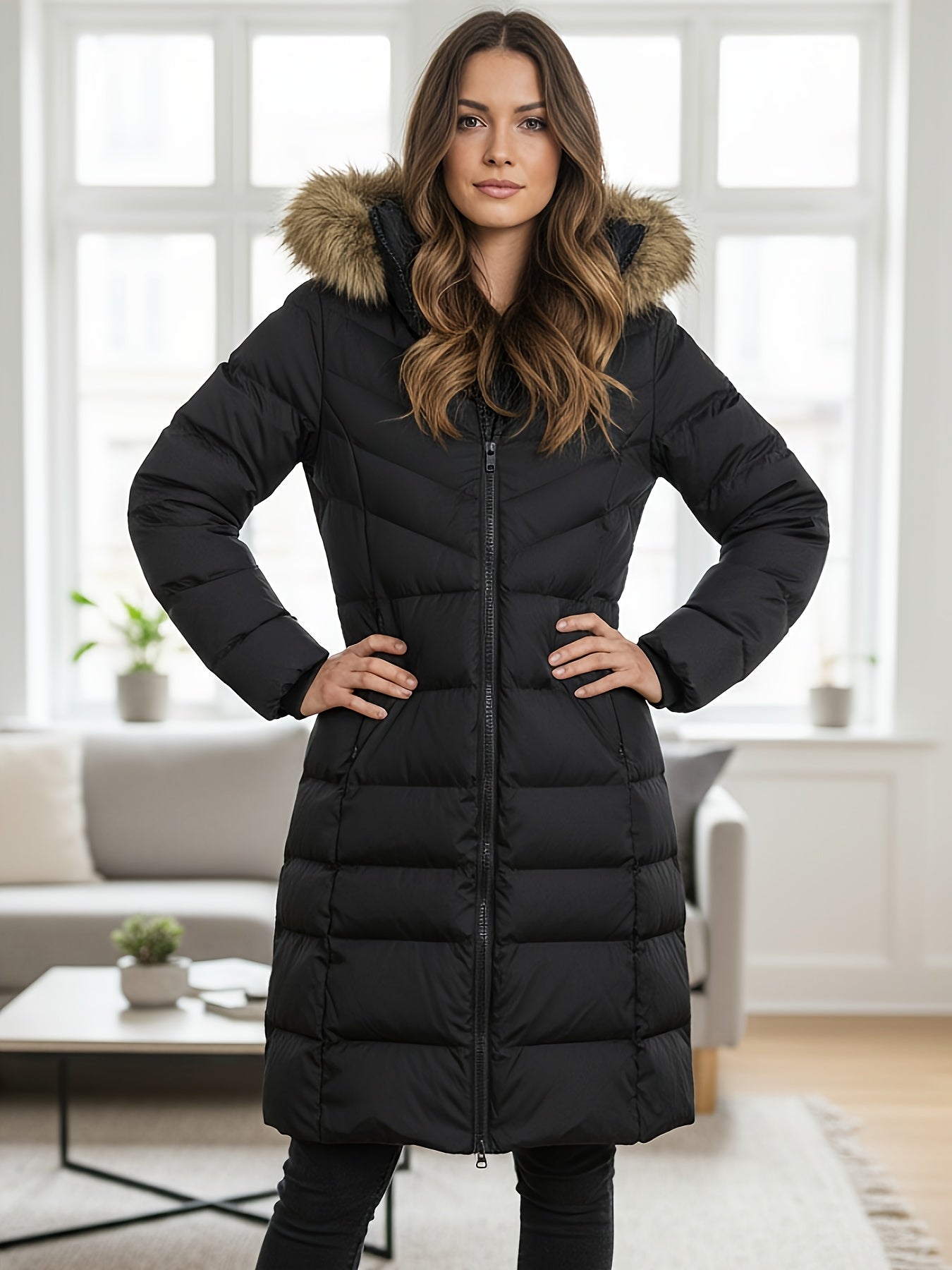 Casaco Longo Preto até o Joelho com Enchimento Quente e À Prova de Frio Imagem principal do produto
