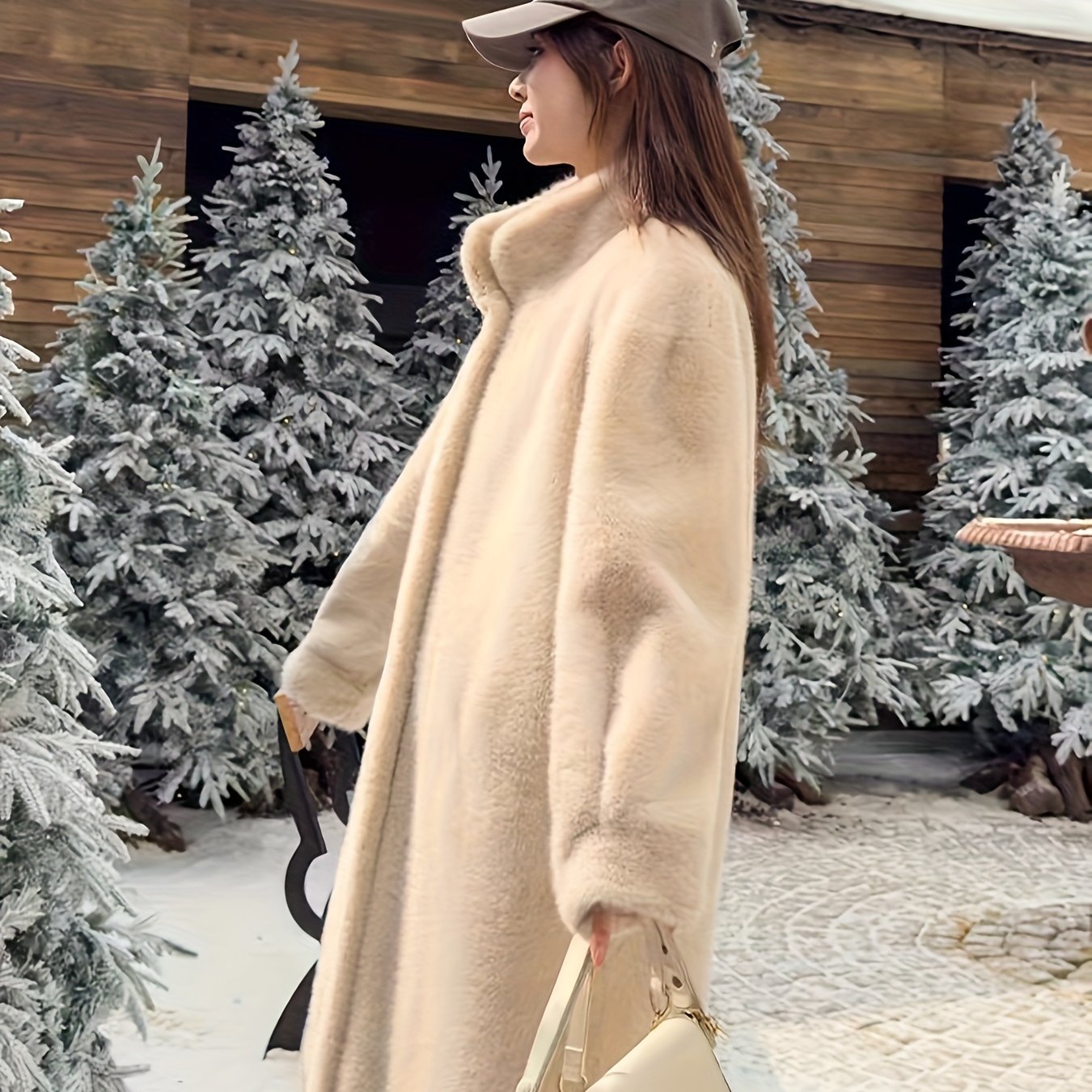 Casaco de Pelo Falso de Lã para Mulheres - Estilo Coreano, Comprimento Médio