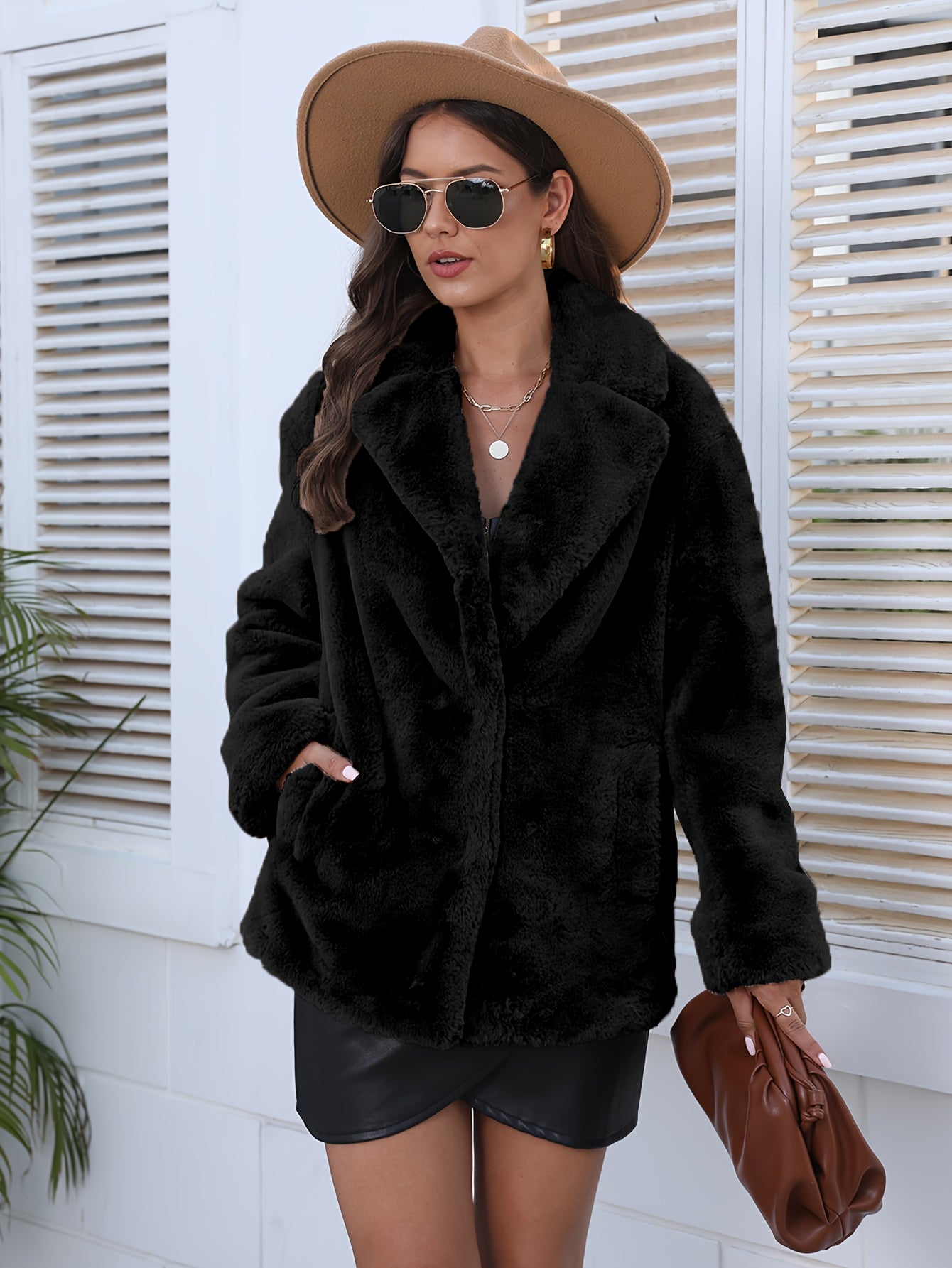 Casaco de Inverno Casual em Pelo Sintético com Lapela para Mulheres