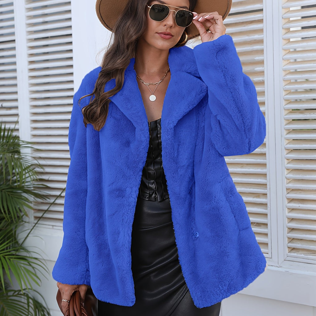 Casaco de Inverno Casual em Pelo Sintético com Lapela para Mulheres