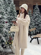 Casaco de Pelo Falso de Lã para Mulheres - Estilo Coreano, Comprimento Médio