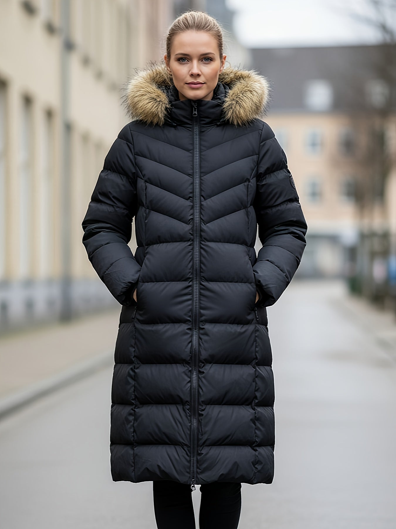 Casaco Longo Preto até o Joelho com Enchimento Quente e À Prova de Frio Imagem secundária do produto