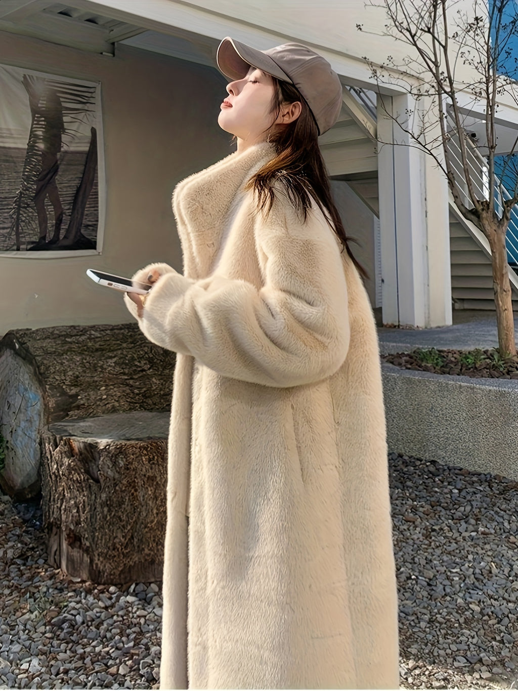 Casaco de Pelo Falso de Lã para Mulheres - Estilo Coreano, Comprimento Médio
