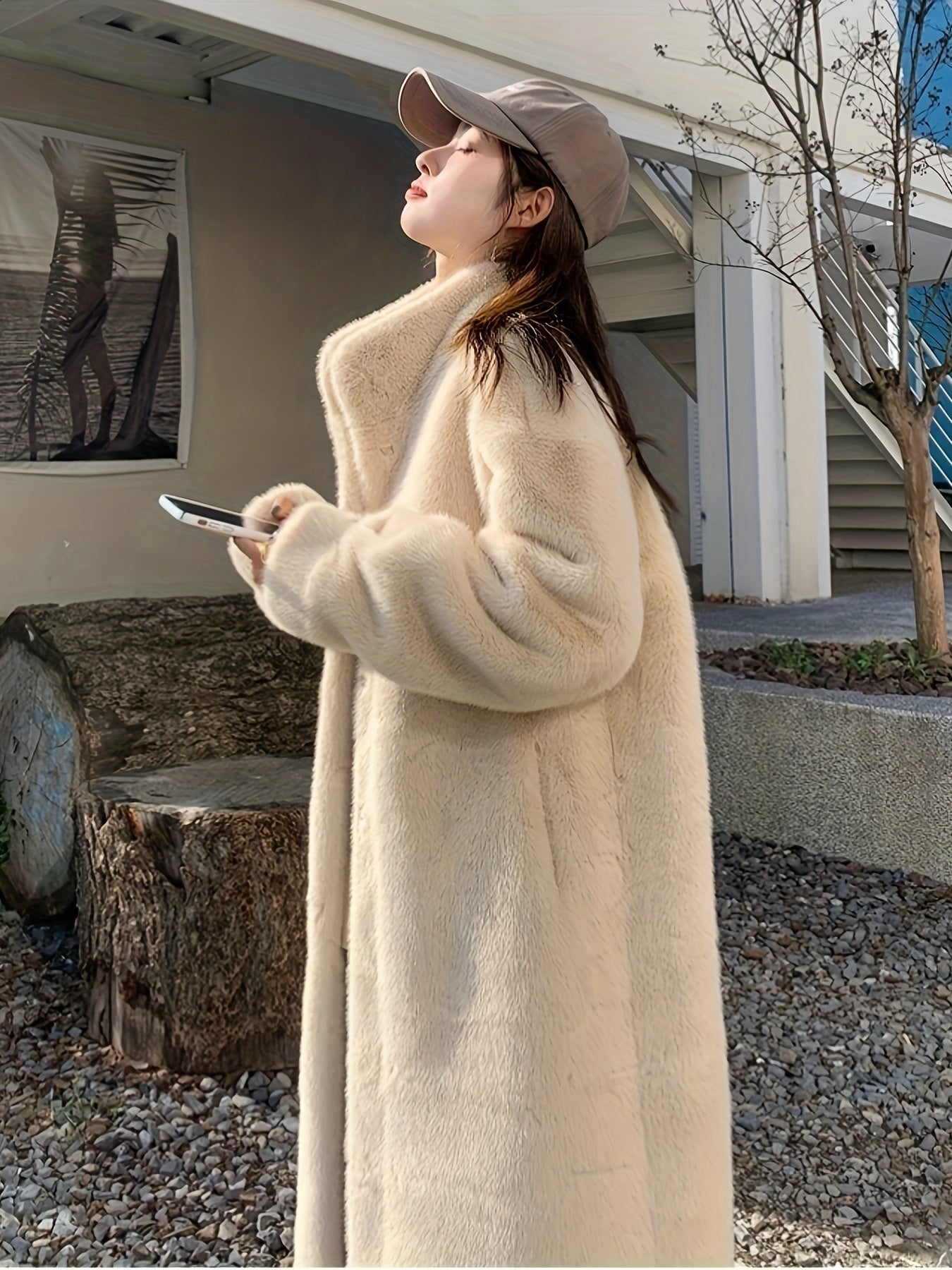 Casaco de Pelo Falso de Lã para Mulheres - Estilo Coreano, Comprimento Médio