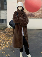 Casaco de Pelo Falso de Lã para Mulheres - Estilo Coreano, Comprimento Médio