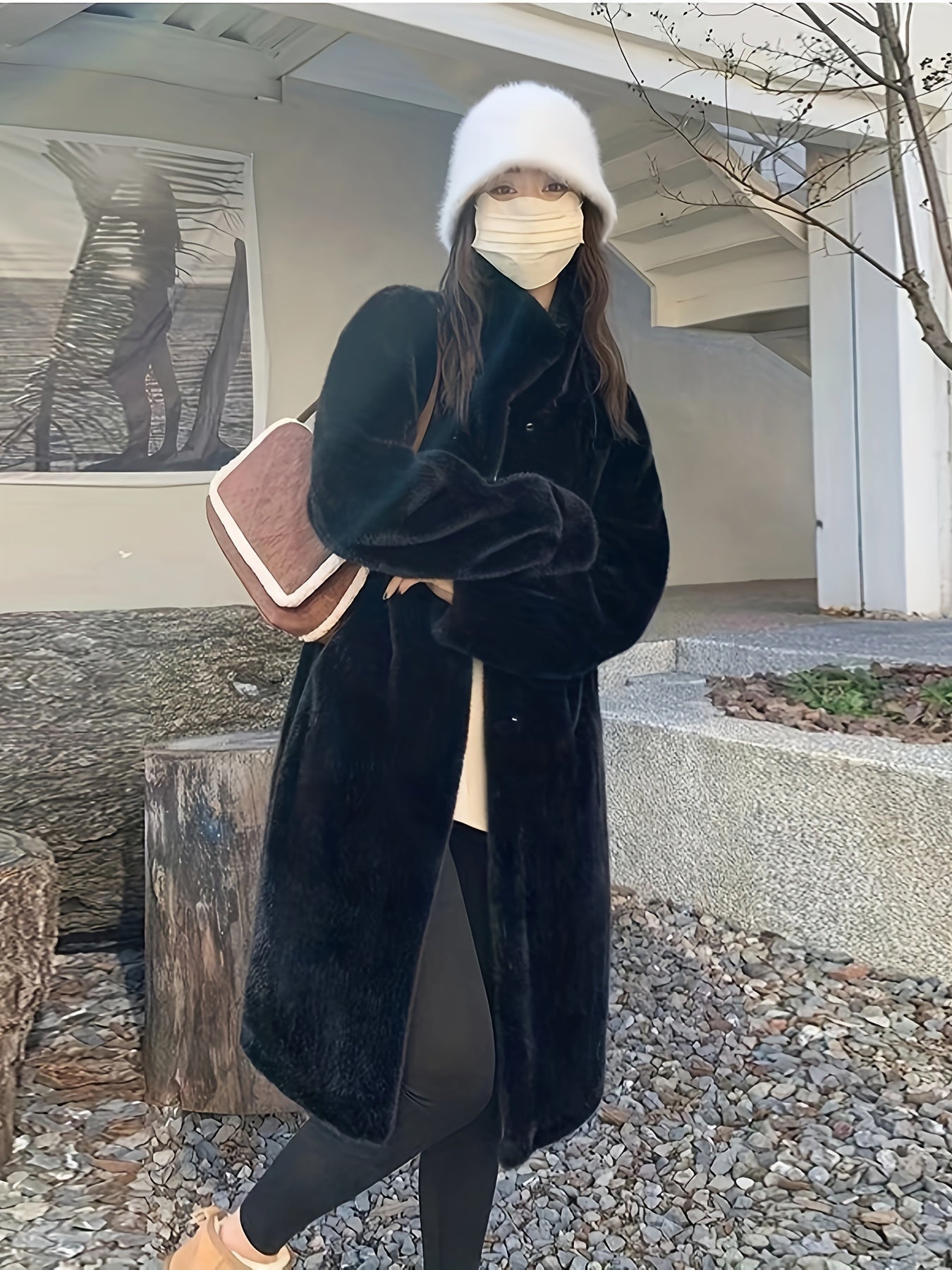 Casaco de Pelo Falso de Lã para Mulheres - Estilo Coreano, Comprimento Médio