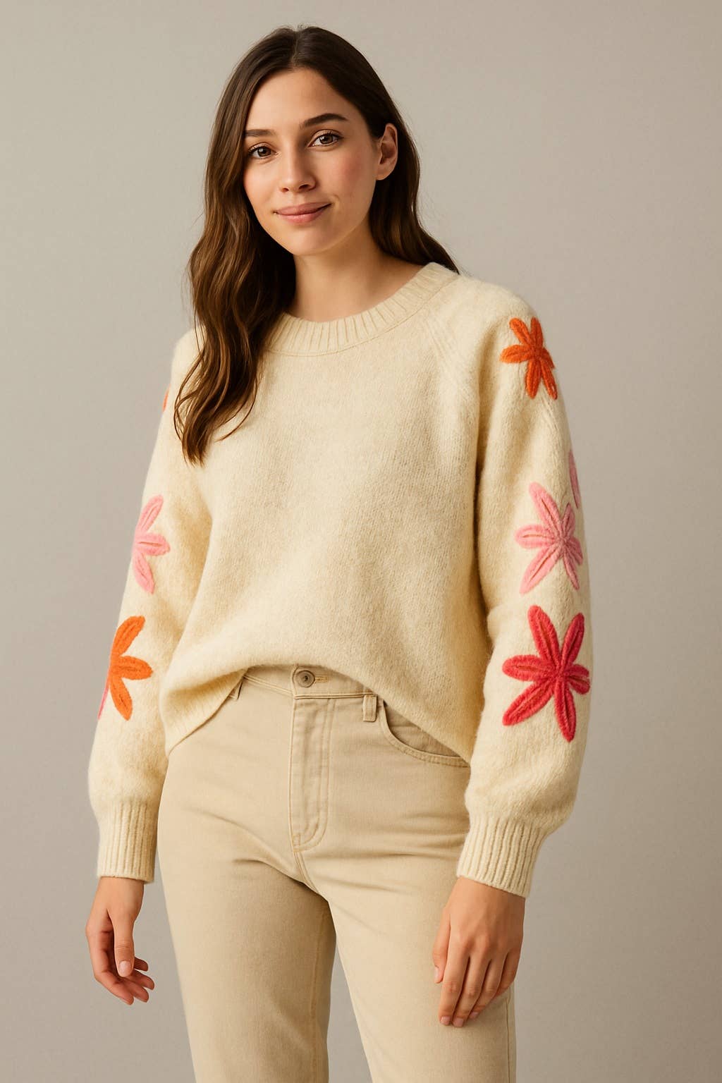 Camisola Flores Bordadas Creme Imagem principal do produto