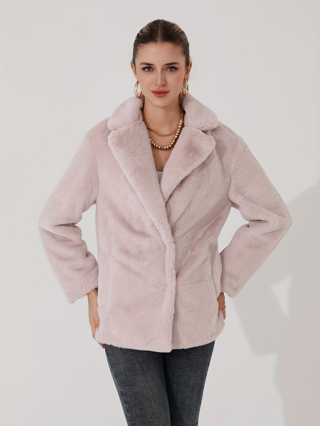 Casaco de Inverno Casual em Pelo Sintético com Lapela para Mulheres