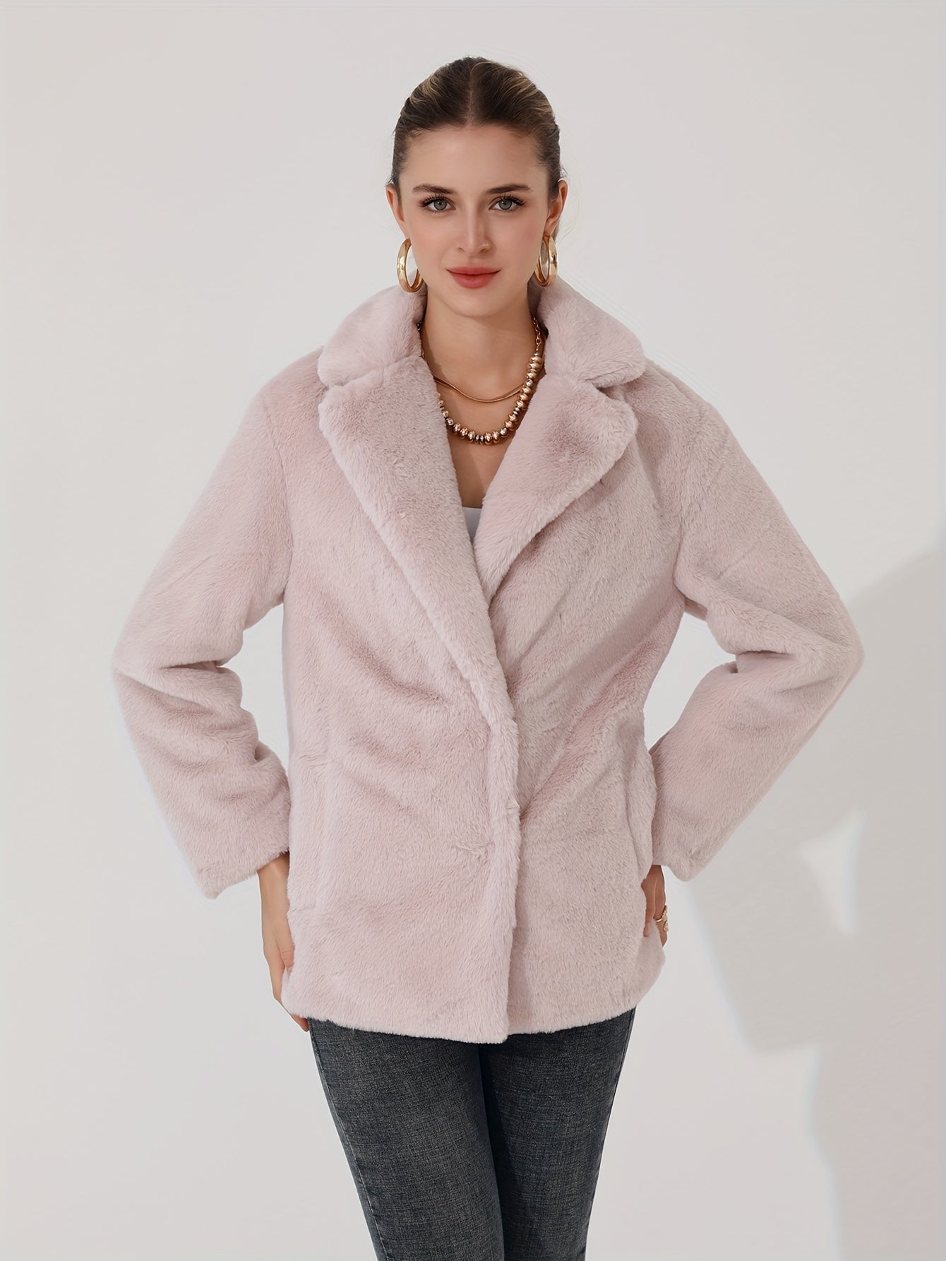 Casaco de Inverno Casual em Pelo Sintético com Lapela para Mulheres