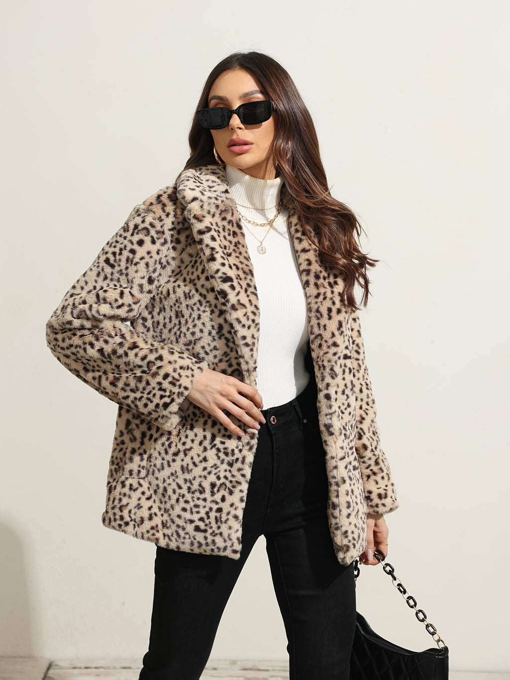 Casaco de Inverno Casual em Pelo Sintético com Lapela para Mulheres