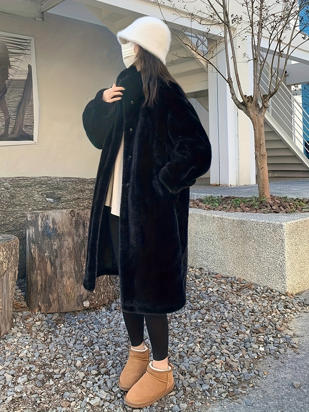 Casaco de Pelo Falso de Lã para Mulheres - Estilo Coreano, Comprimento Médio