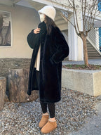 Casaco de Pelo Falso de Lã para Mulheres - Estilo Coreano, Comprimento Médio