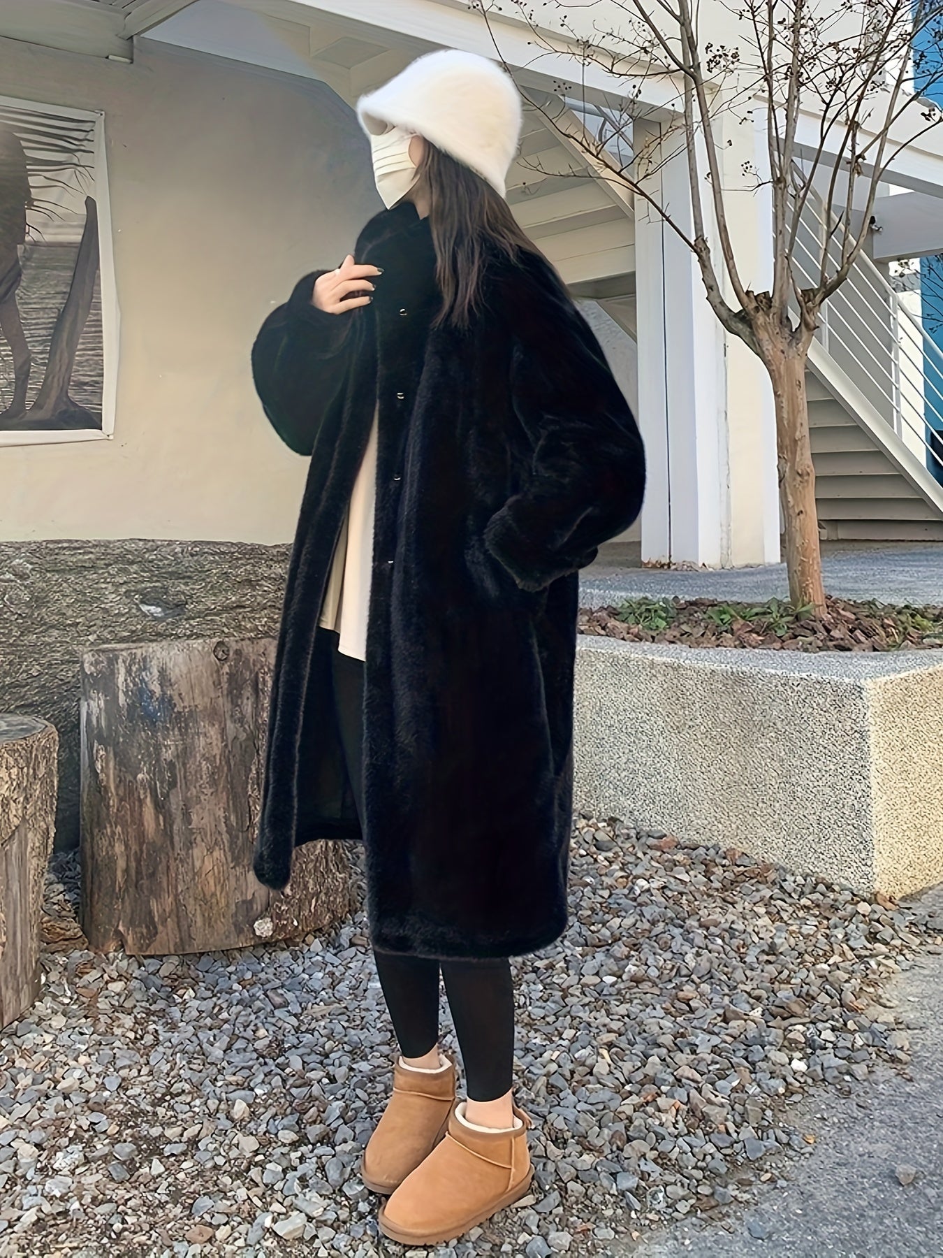 Casaco de Pelo Falso de Lã para Mulheres - Estilo Coreano, Comprimento Médio