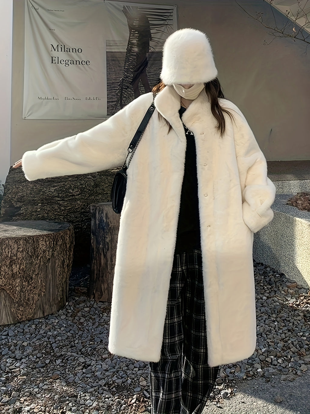 Casaco de Pelo Falso de Lã para Mulheres - Estilo Coreano, Comprimento Médio