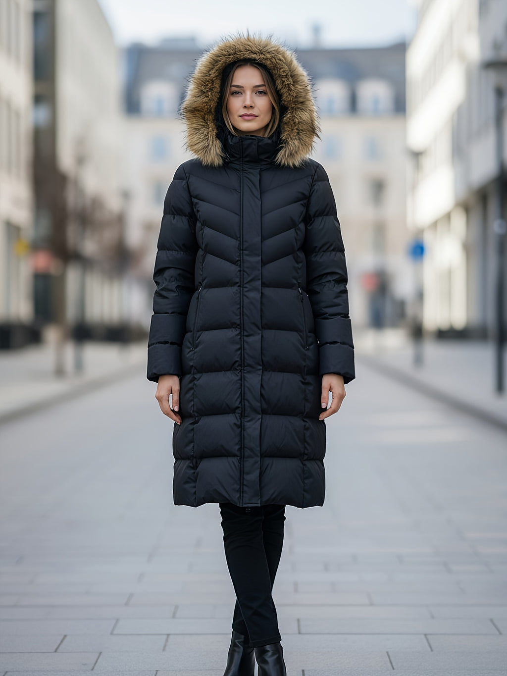 Casaco Longo Preto até o Joelho com Enchimento Quente e À Prova de Frio