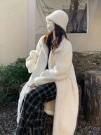 Casaco de Pelo Falso de Lã para Mulheres - Estilo Coreano, Comprimento Médio