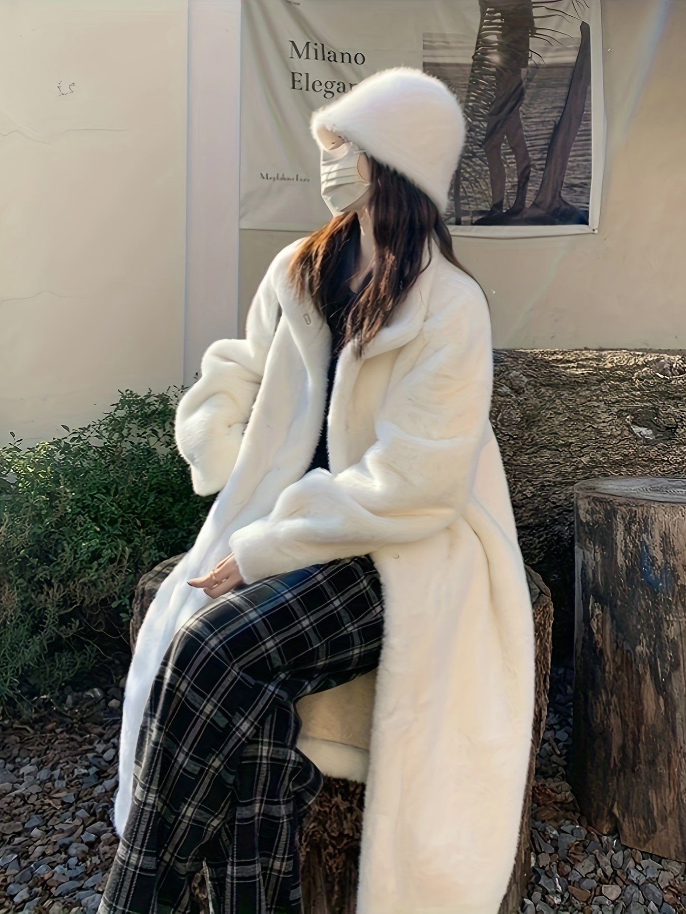 Casaco de Pelo Falso de Lã para Mulheres - Estilo Coreano, Comprimento Médio