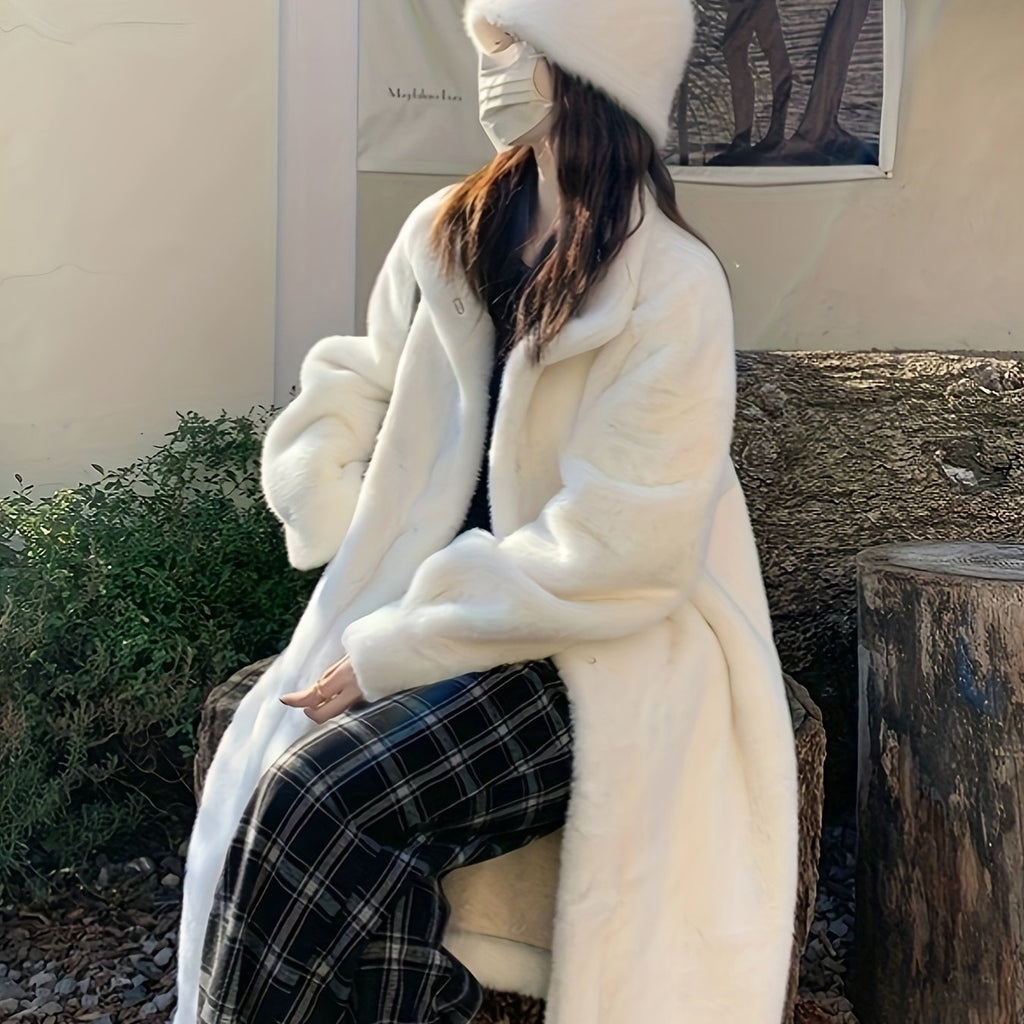 Casaco de Pelo Falso de Lã para Mulheres - Estilo Coreano, Comprimento Médio