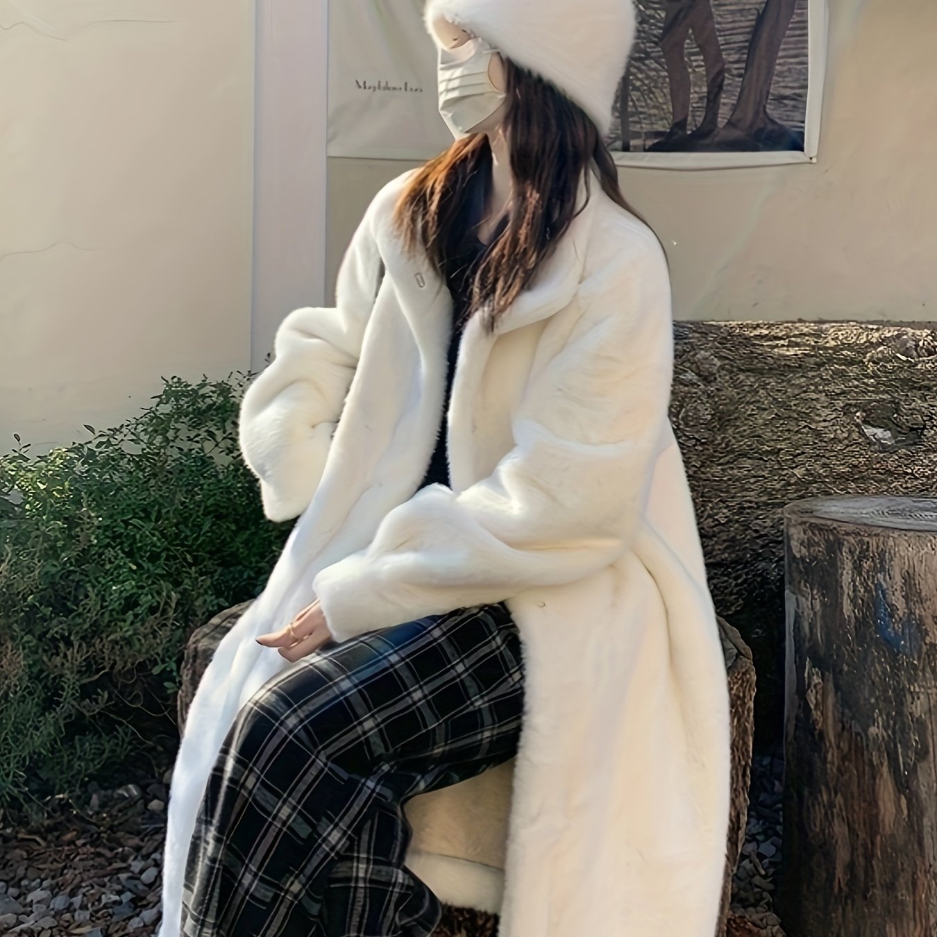 Casaco de Pelo Falso de Lã para Mulheres - Estilo Coreano, Comprimento Médio