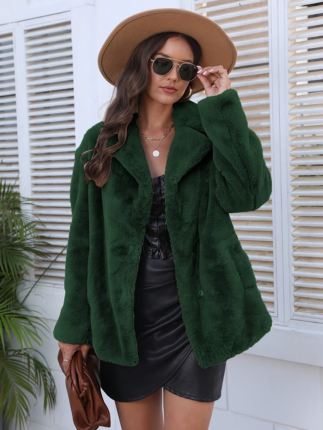 Casaco de Inverno Casual em Pelo Sintético com Lapela para Mulheres