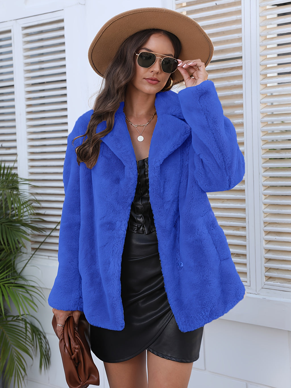 Casaco de Inverno Casual em Pelo Sintético com Lapela para Mulheres