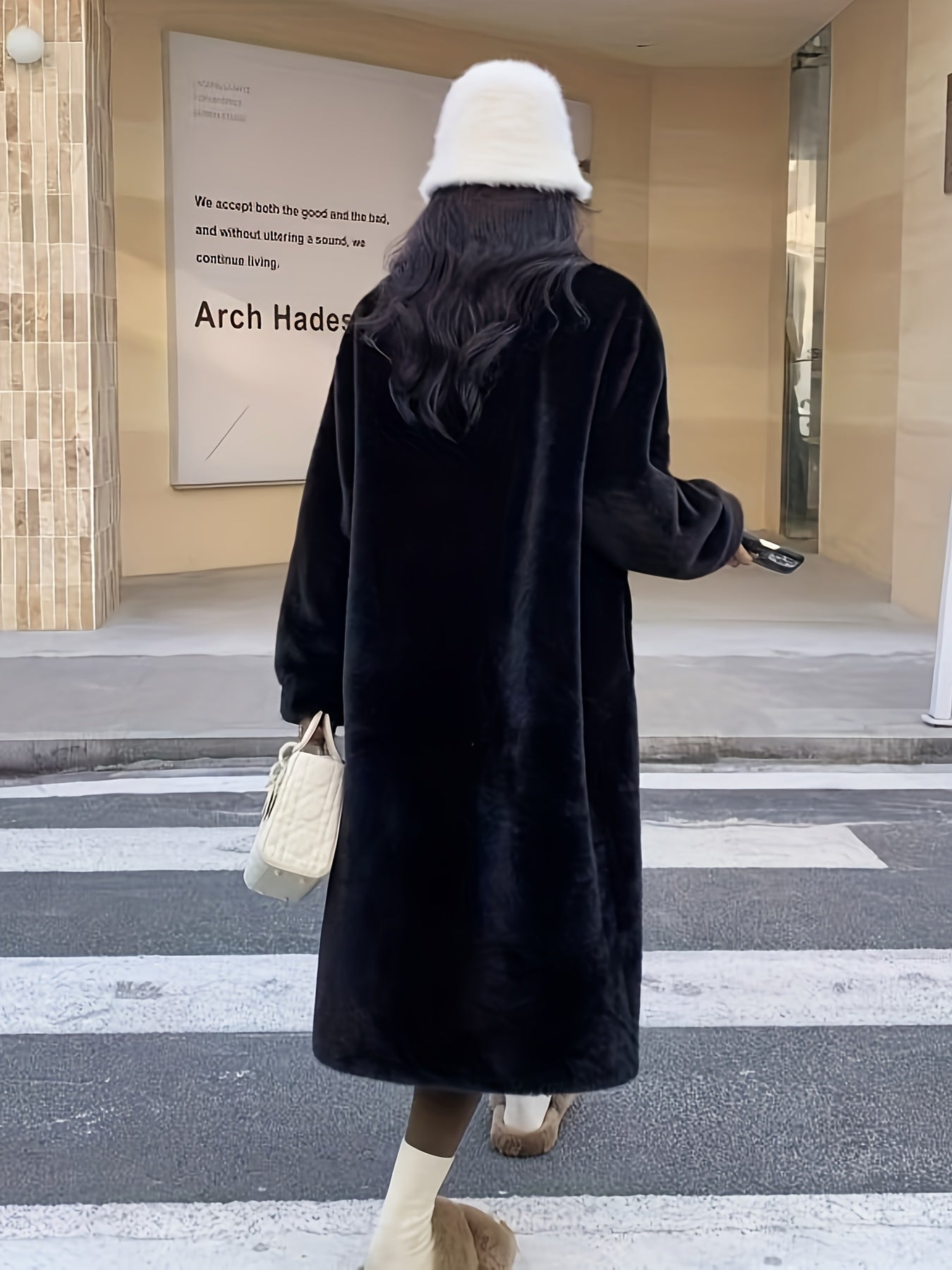 Casaco de Pelo Falso de Lã para Mulheres - Estilo Coreano, Comprimento Médio