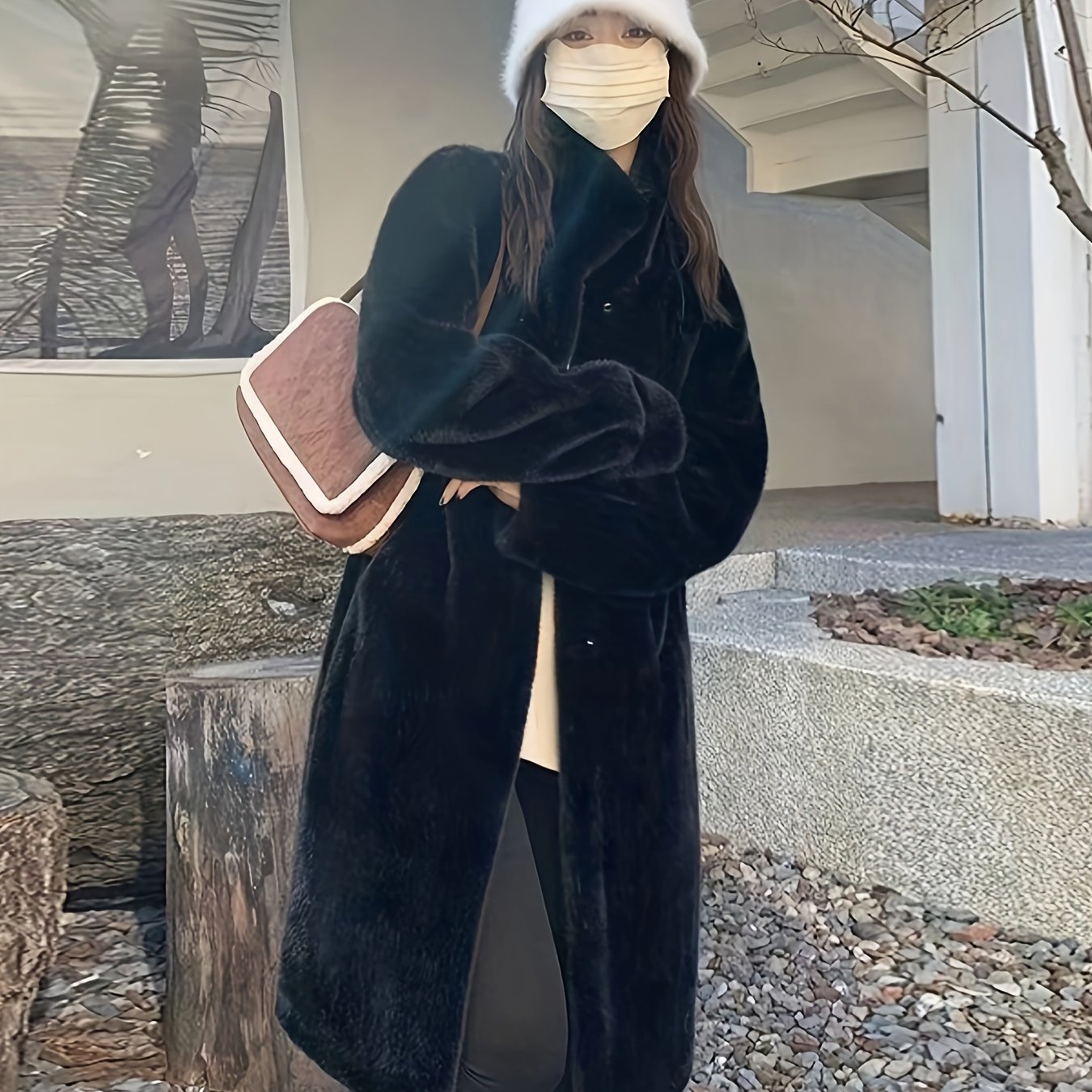 Casaco de Pelo Falso de Lã para Mulheres - Estilo Coreano, Comprimento Médio