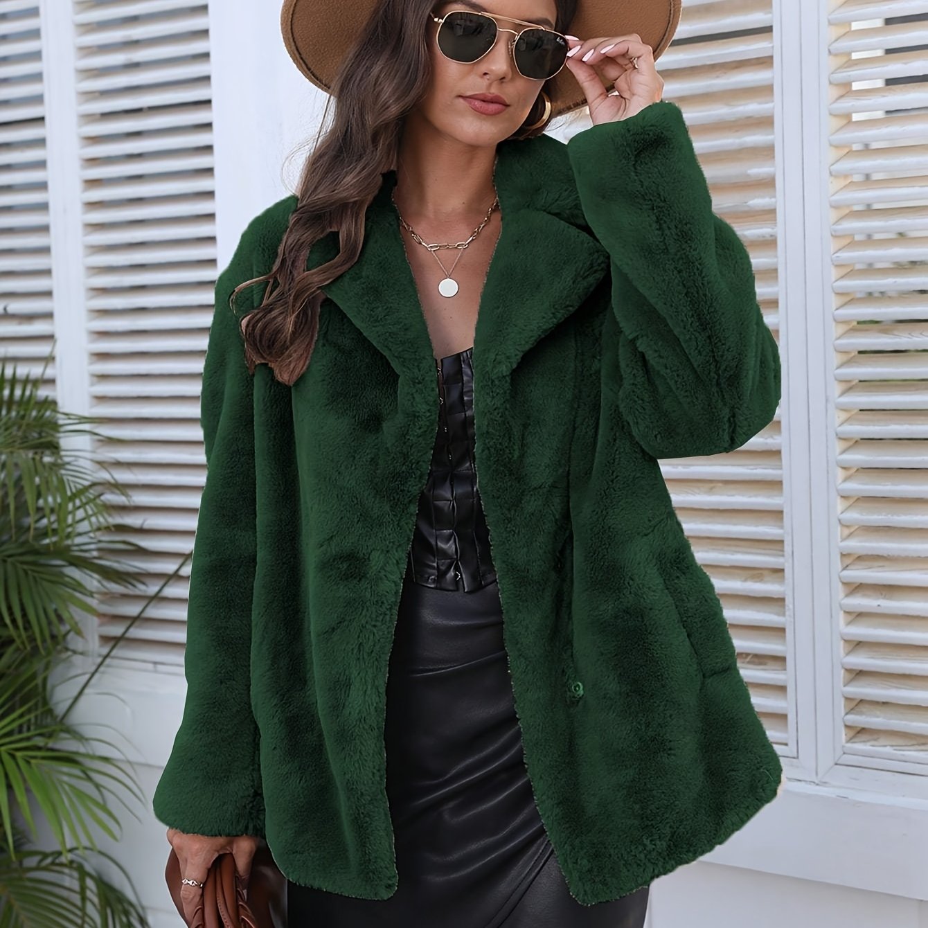 Casaco de Inverno Casual em Pelo Sintético com Lapela para Mulheres