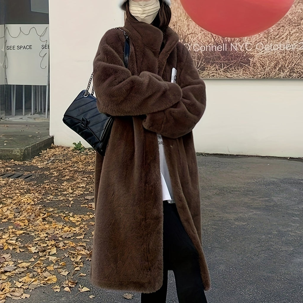 Casaco de Pelo Falso de Lã para Mulheres - Estilo Coreano, Comprimento Médio