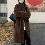 Casaco de Pelo Falso de Lã para Mulheres - Estilo Coreano, Comprimento Médio