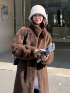 Casaco de Pelo Falso de Lã para Mulheres - Estilo Coreano, Comprimento Médio