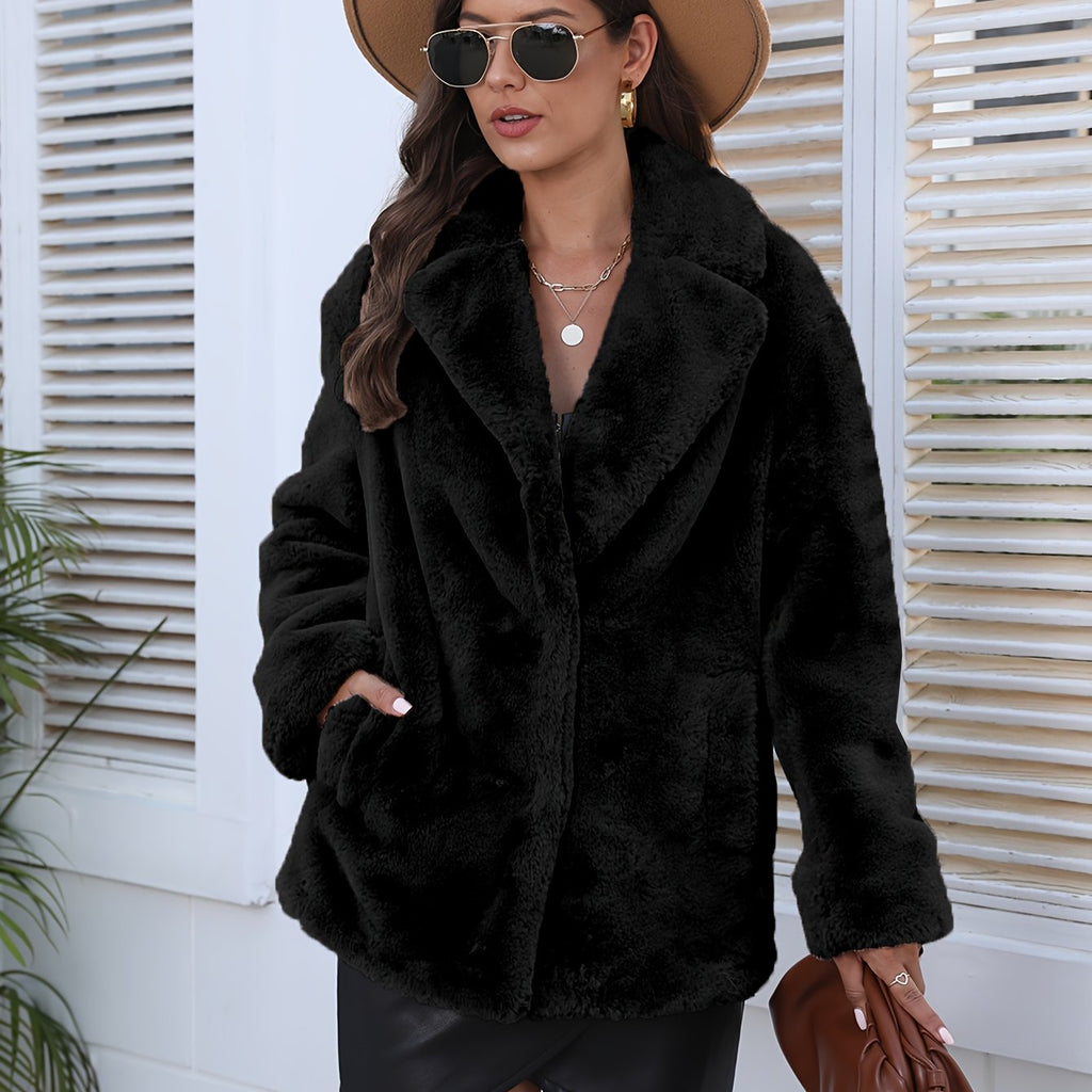 Casaco de Inverno Casual em Pelo Sintético com Lapela para Mulheres