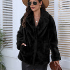 Casaco de Inverno Casual em Pelo Sintético com Lapela para Mulheres